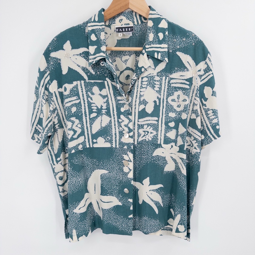 Vintage 90s Hawaiian‎ Shirt Womens L Blue Beaded Tropical Boho Boxy Festival